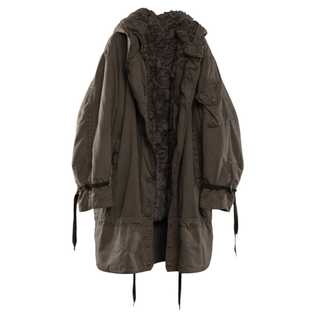 Garment dyed hoodie coat with fur liner