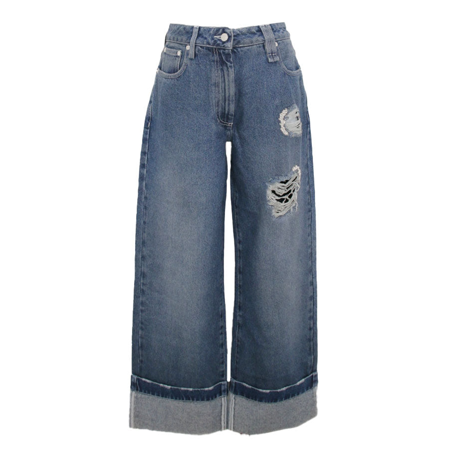 CROPPED DISTRESSED STRAIGHT LEG JEANS W/ EMB