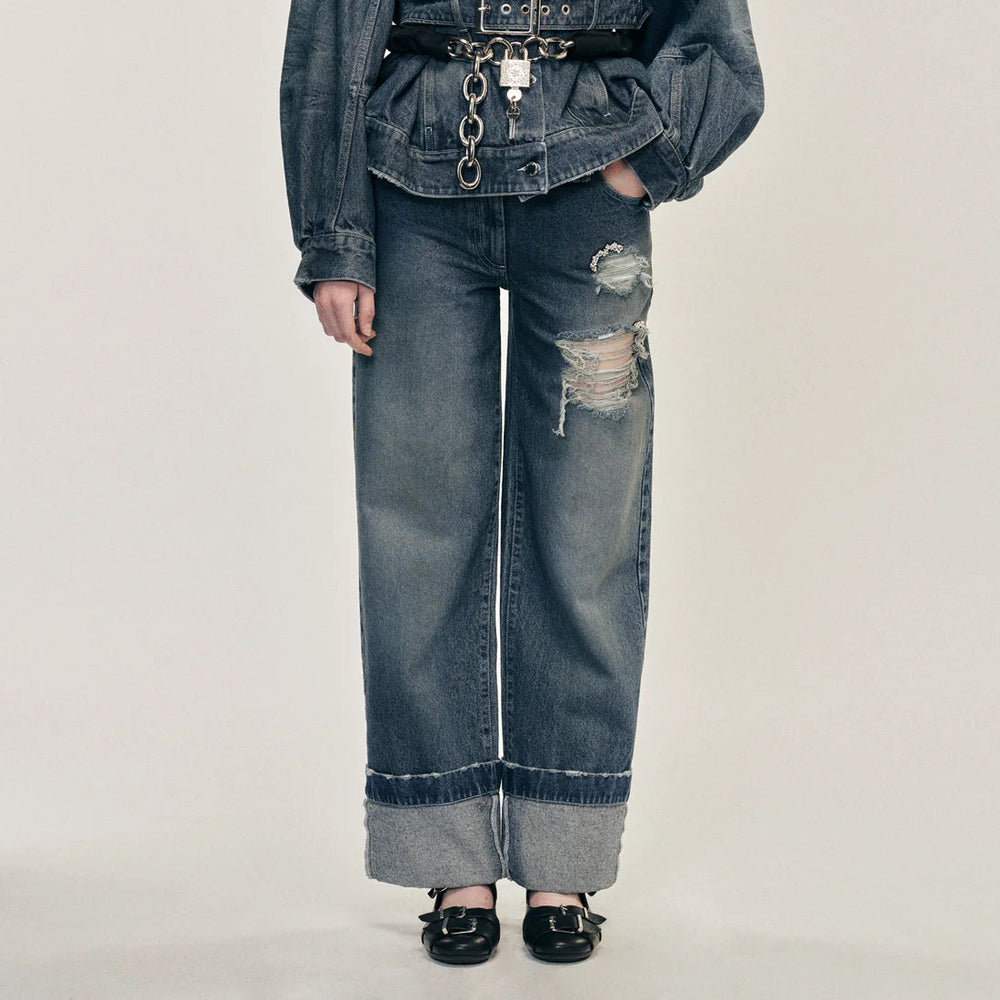 Simone Rocha - CROPPED DISTRESSED STRAIGHT LEG JEANS W/ EMB