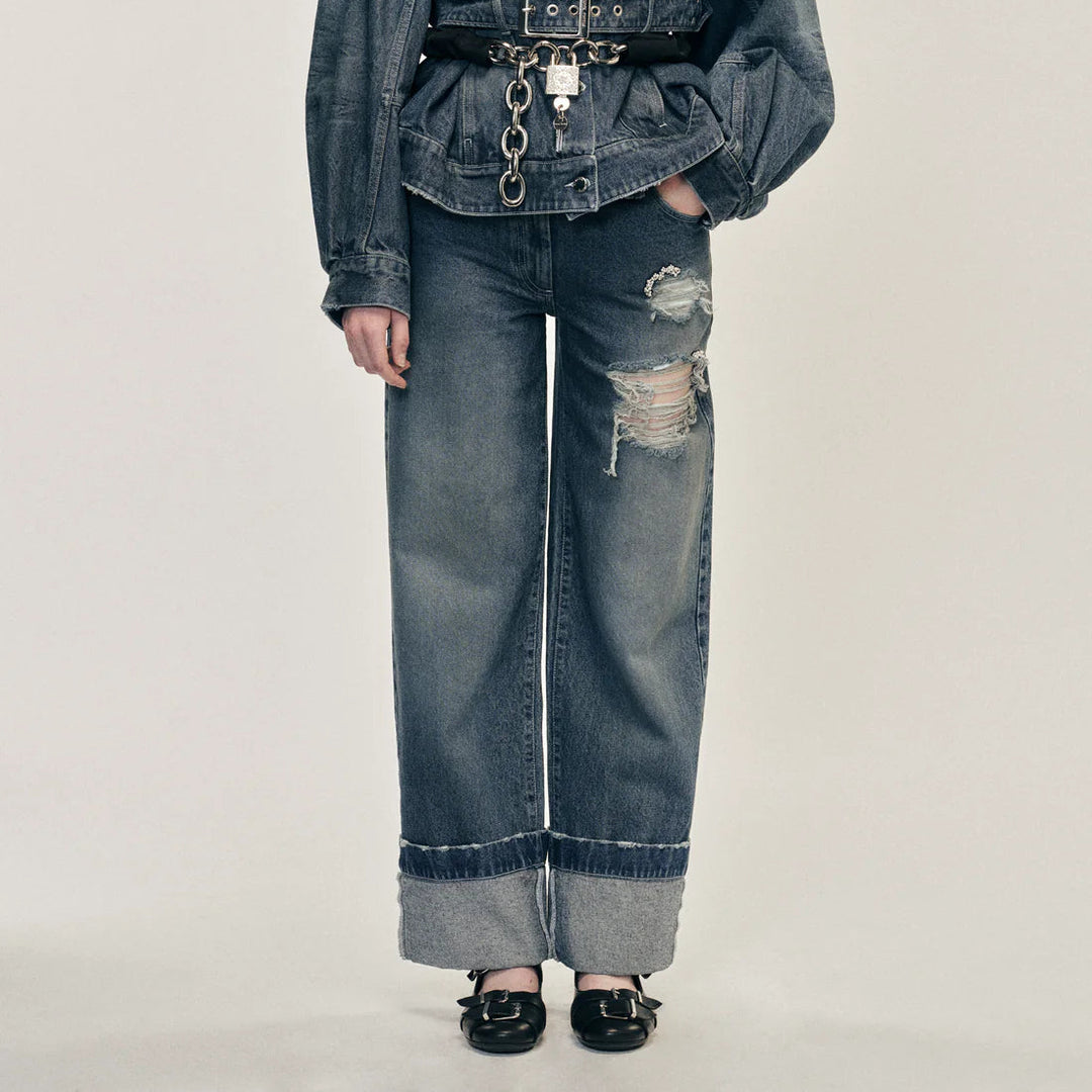 Simone Rocha - CROPPED DISTRESSED STRAIGHT LEG JEANS W/ EMB