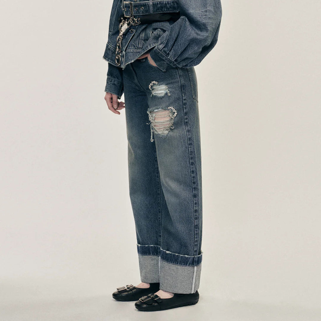 Simone Rocha - CROPPED DISTRESSED STRAIGHT LEG JEANS W/ EMB