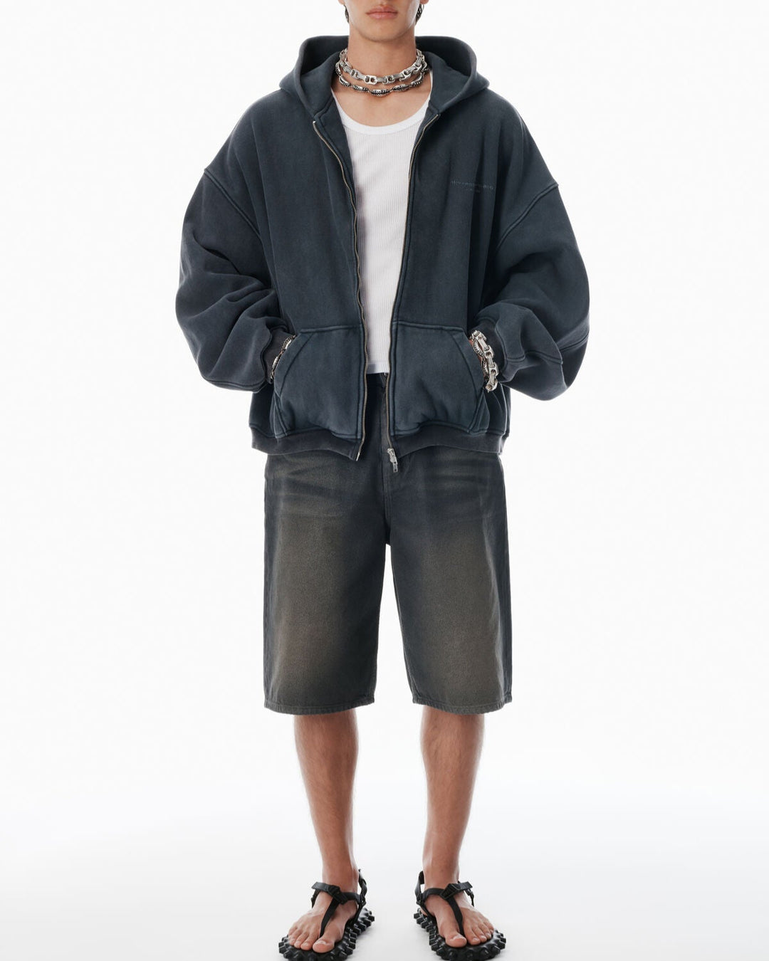 Alexander Wang - ブラック コットン ロゴ ジップアップ フーディー