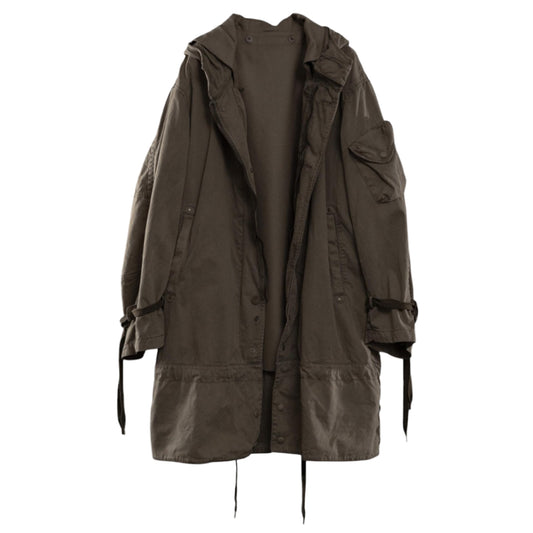Garment-dyed hoodie coat with a melton lining.