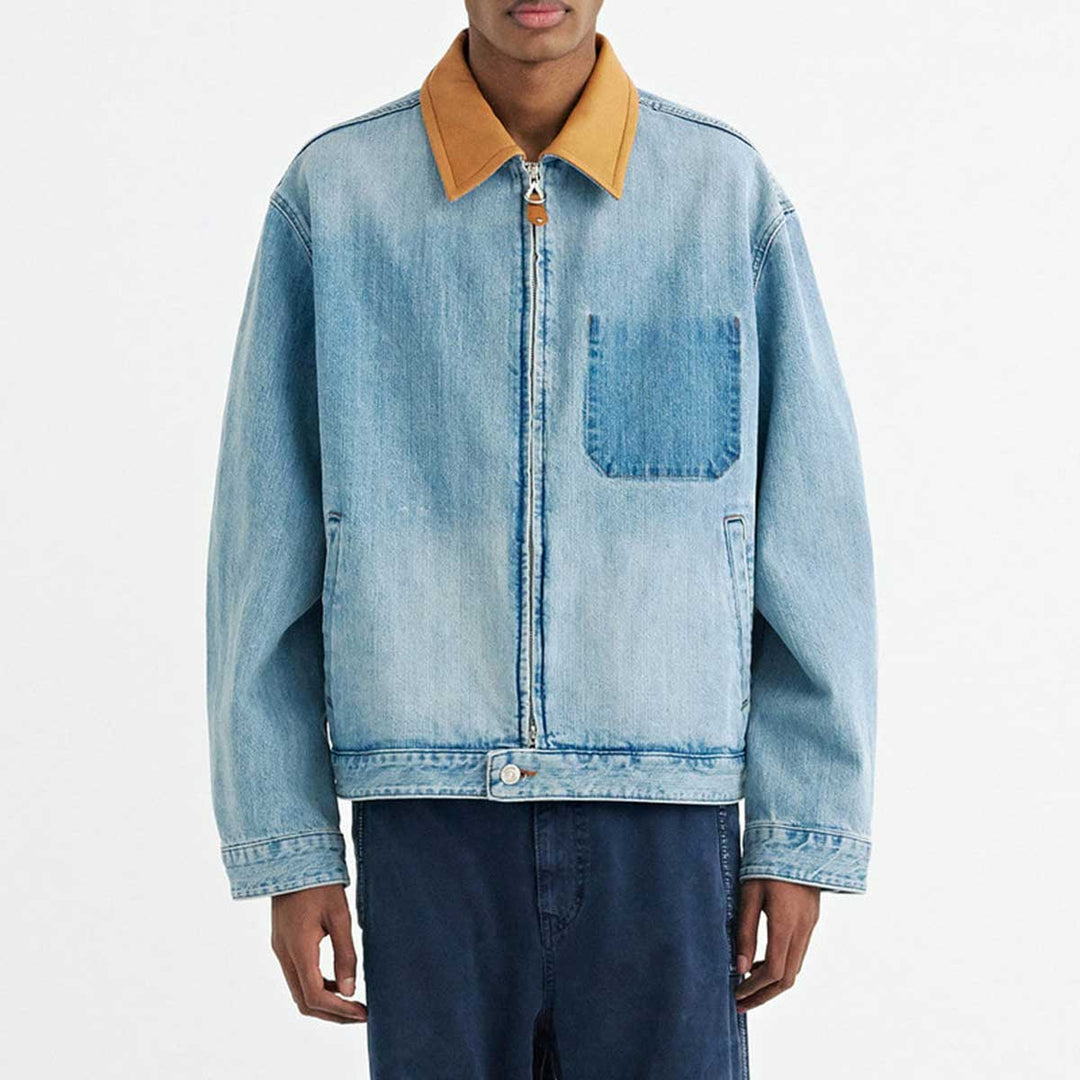 SOLID HOMME - Leather Collared Denim Trucker Jacket