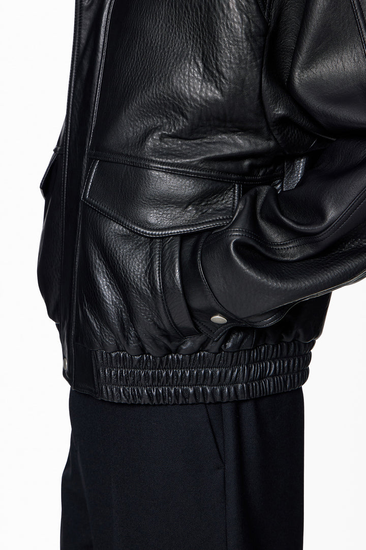 Black Band-Neck Leather Jacket