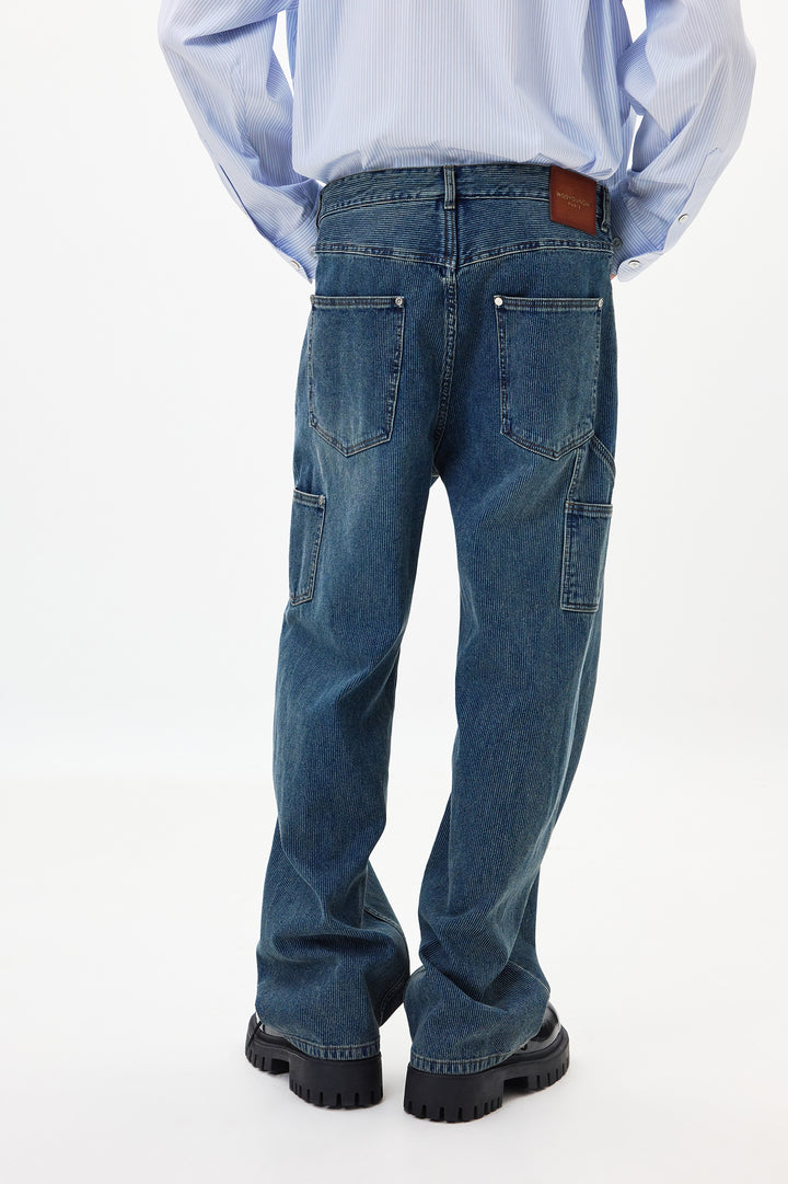 Blue Straight Ribbed Denim Pants
