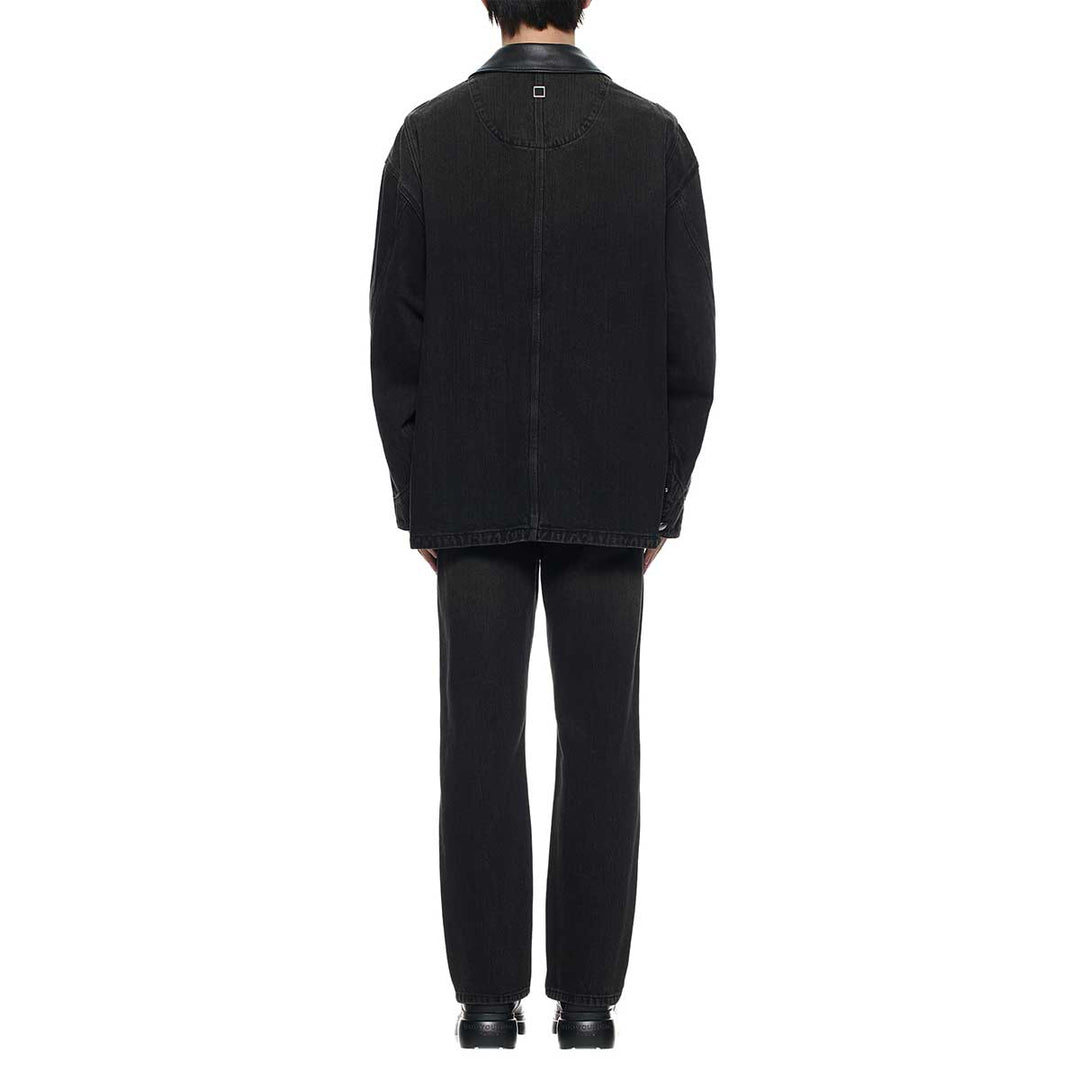 WOOYOUNGMI - Leather Collar Tin-washed Denim Coat