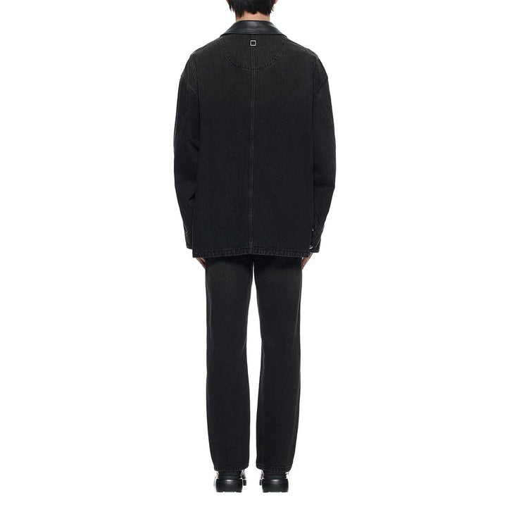 WOOYOUNGMI - Leather Collar Tin-washed Denim Coat