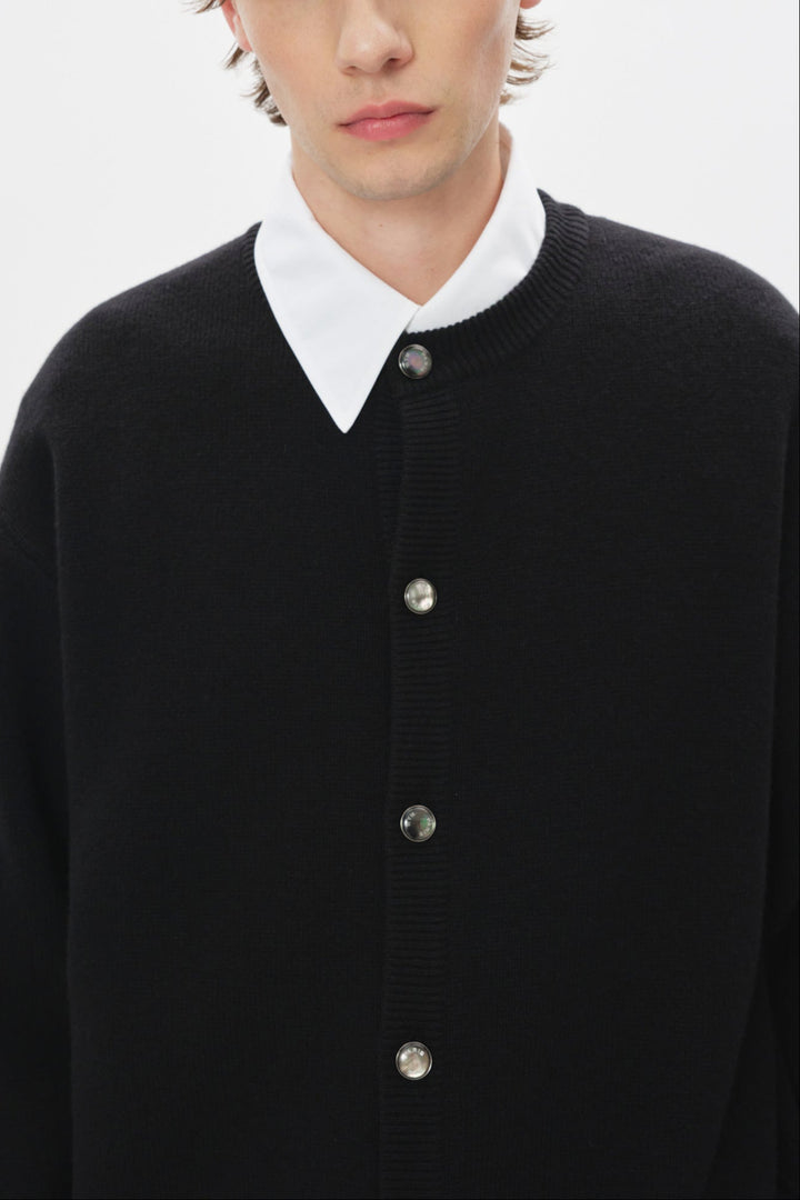 Black Round Neck Wool Cardigan