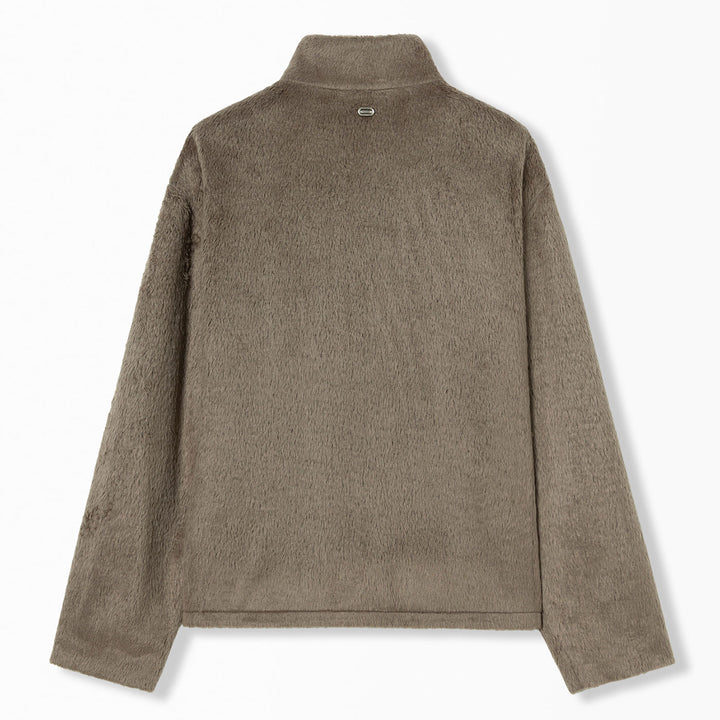 Brown Hairy High-Neck Zip-Up Jacket