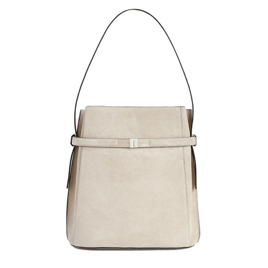 Belted suede bucket bag