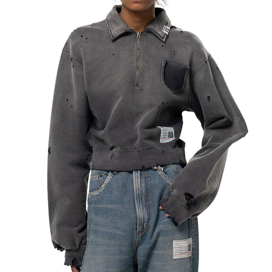 Sun-Faded Cropped Collared Sweatshirt