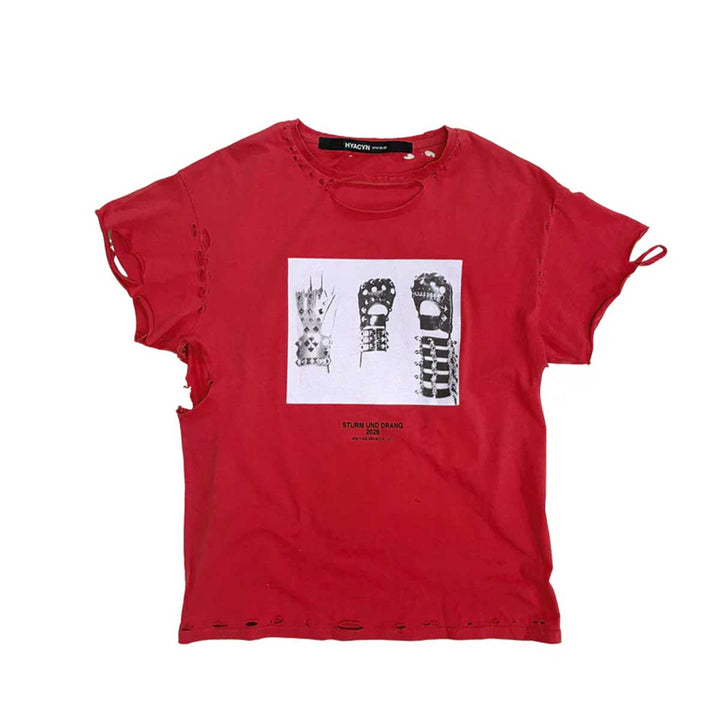 HYACYN - Eet T-Shirt Red Cotton Distressed Gloves