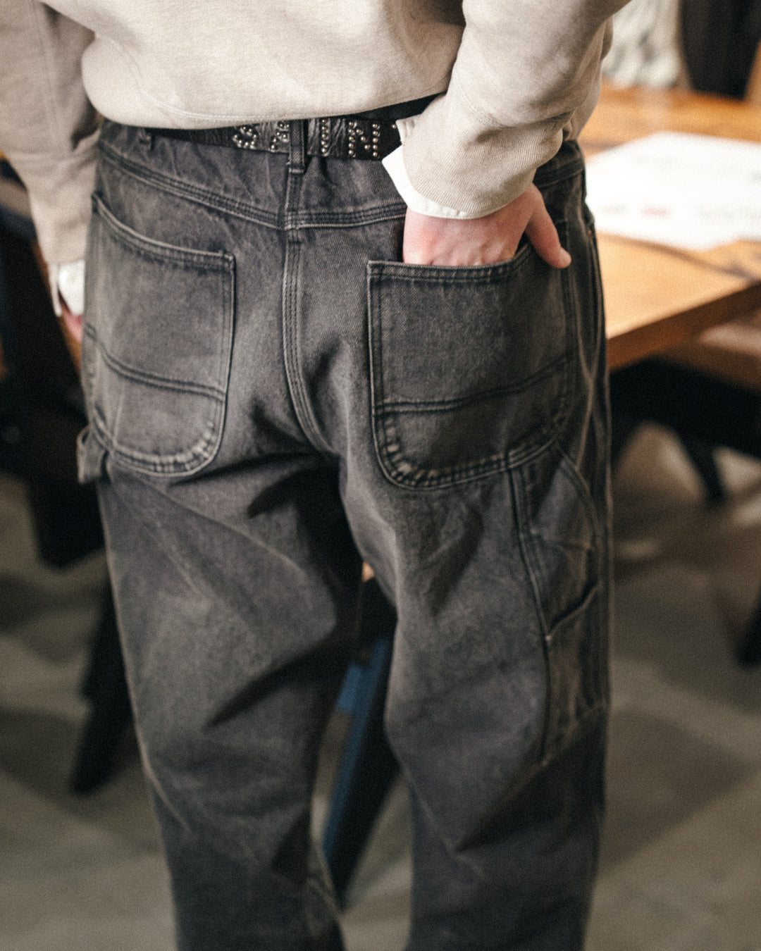 BLACK DENIM PAINTER PANTS
