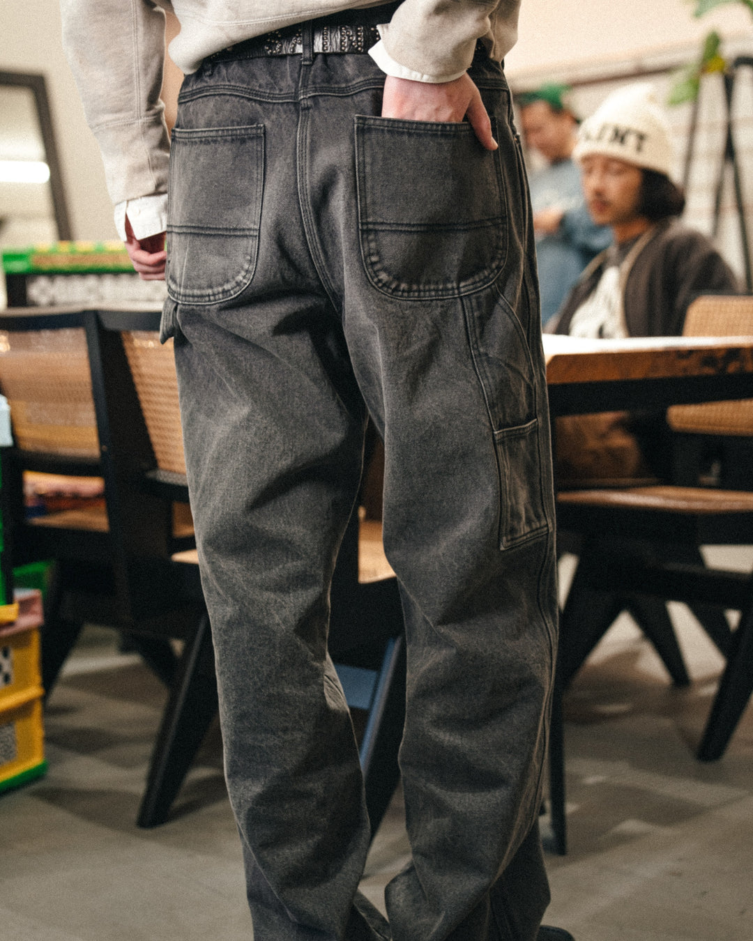 BLACK DENIM PAINTER PANTS