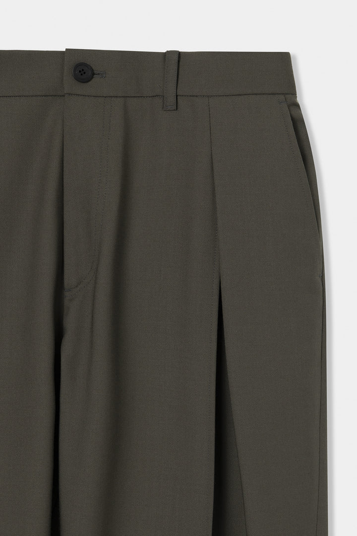 Khaki Wool Single-Pleat Side Pants