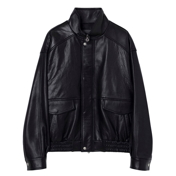 Black Band-Neck Leather Jacket