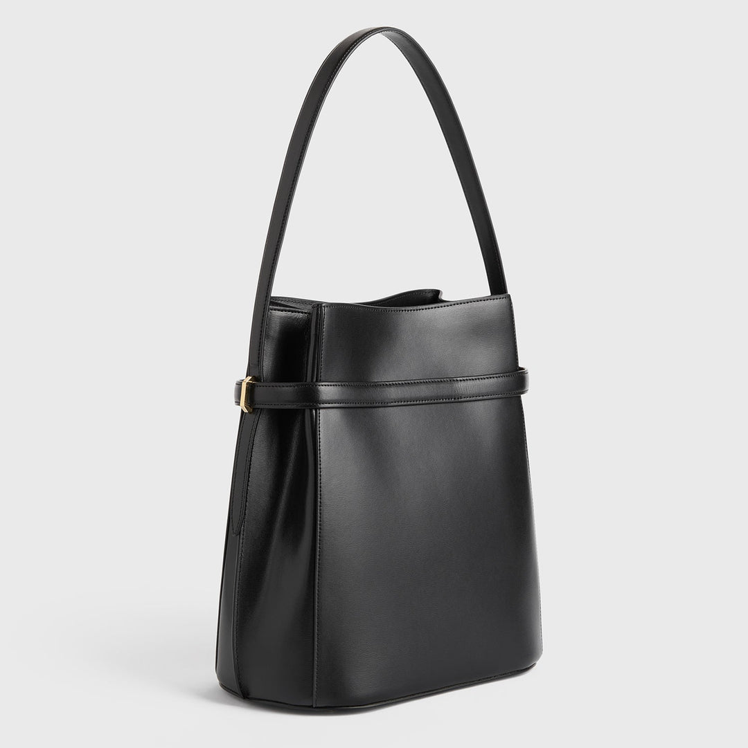 Belted leather bucket bag