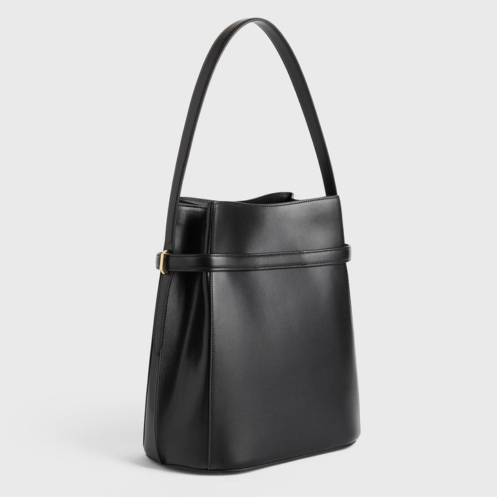 Belted leather bucket bag