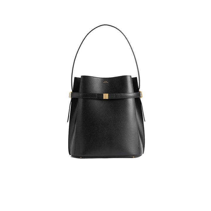 Belted Leather Bucket Bag Black