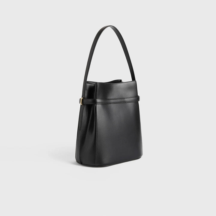 Belted Leather Bucket Bag Black