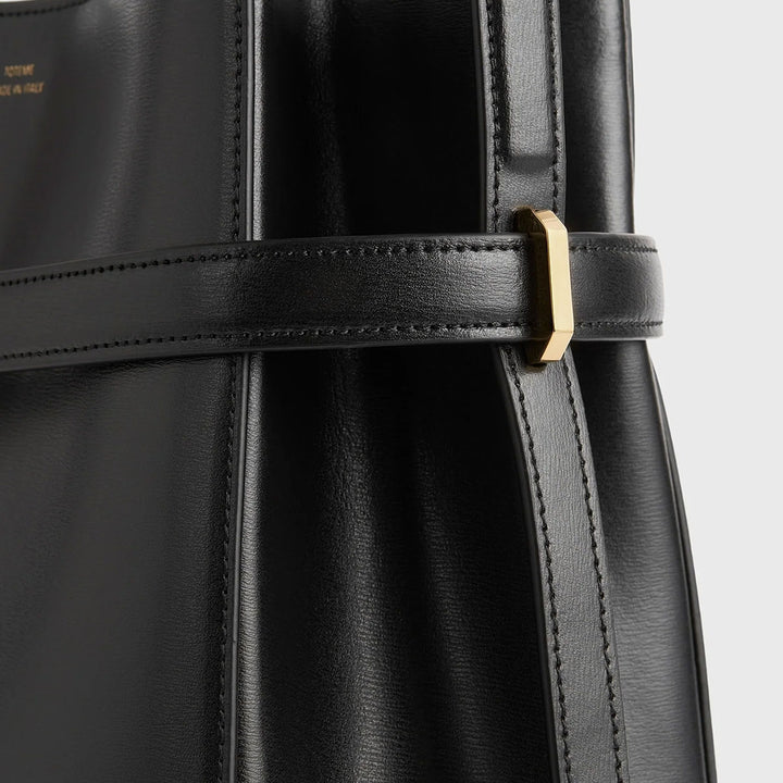 Belted Leather Bucket Bag Black