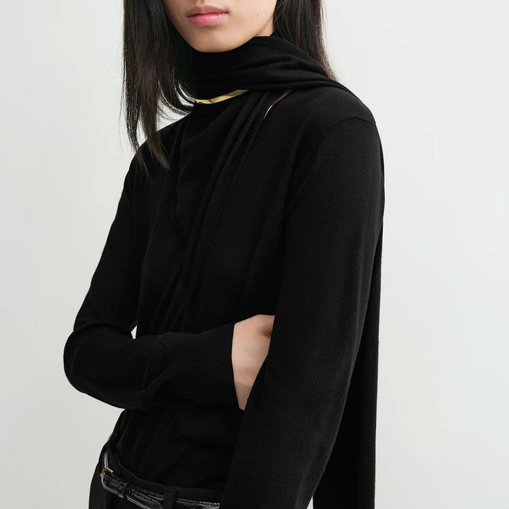 Draped-Scarf Fine Knit Black