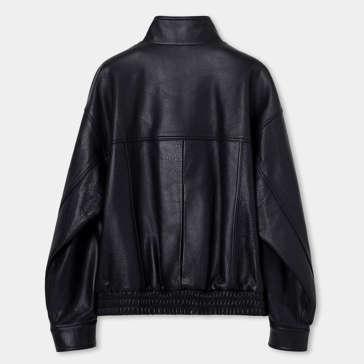 Black Band-Neck Leather Jacket