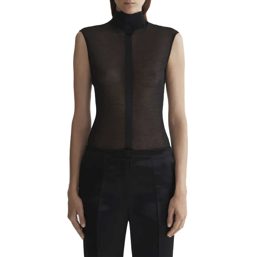 black sleeveless tuxedo bodysuit