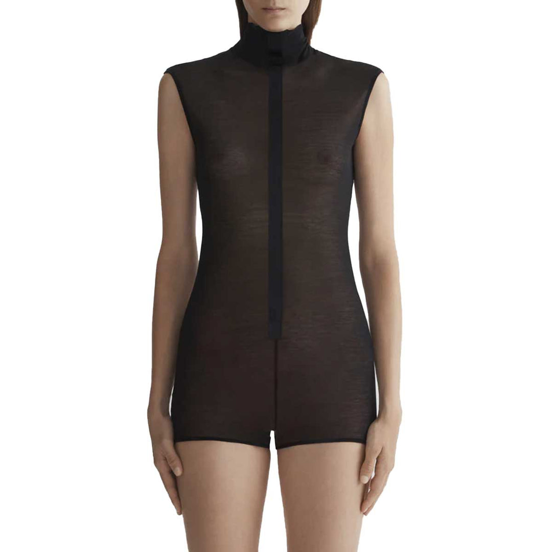 black sleeveless tuxedo bodysuit