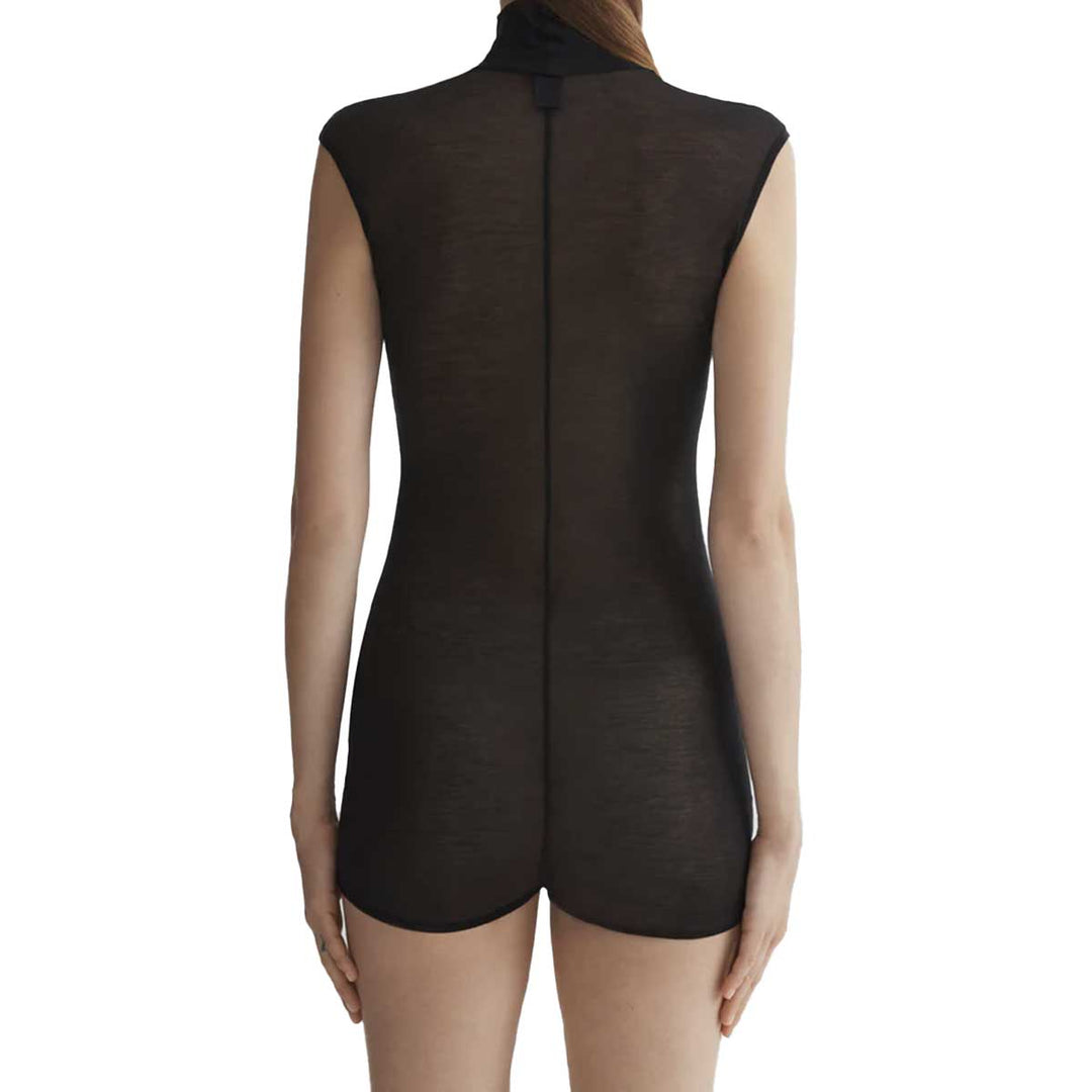 black sleeveless tuxedo bodysuit