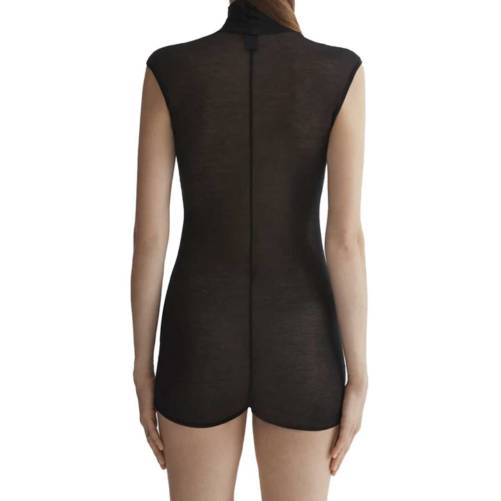 black sleeveless tuxedo bodysuit