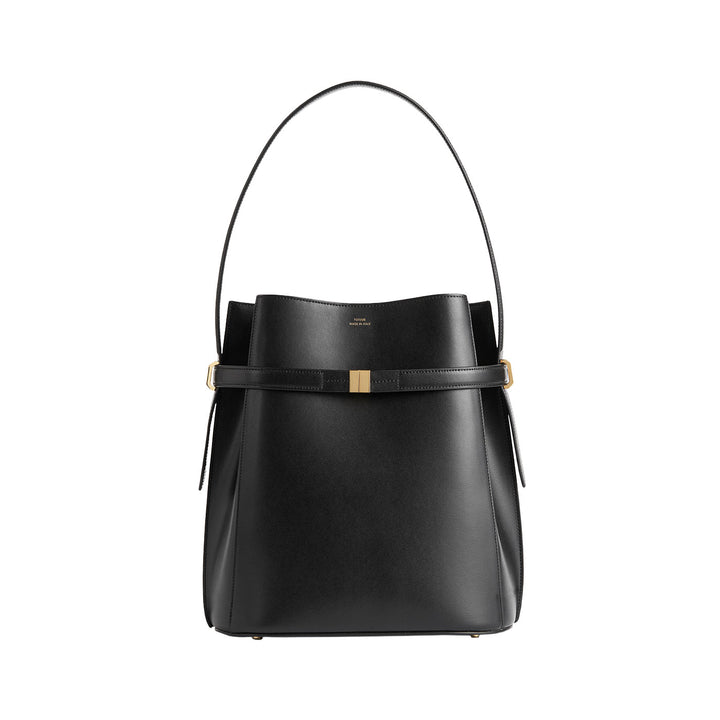 Belted leather bucket bag