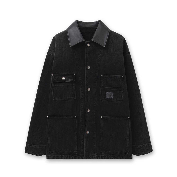 WOOYOUNGMI - Leather Collar Tin-washed Denim Coat