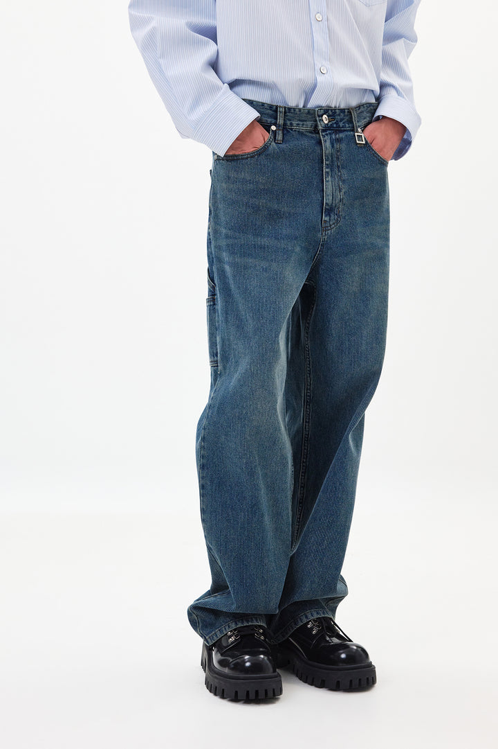 Blue Straight Ribbed Denim Pants