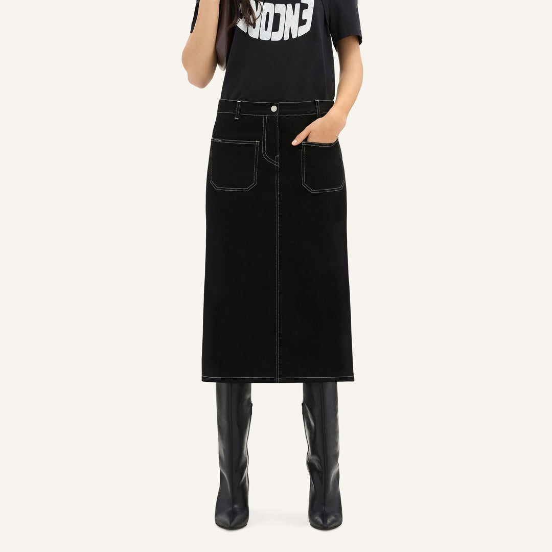 2-Pocket Topstitched Denim Midi Skirt