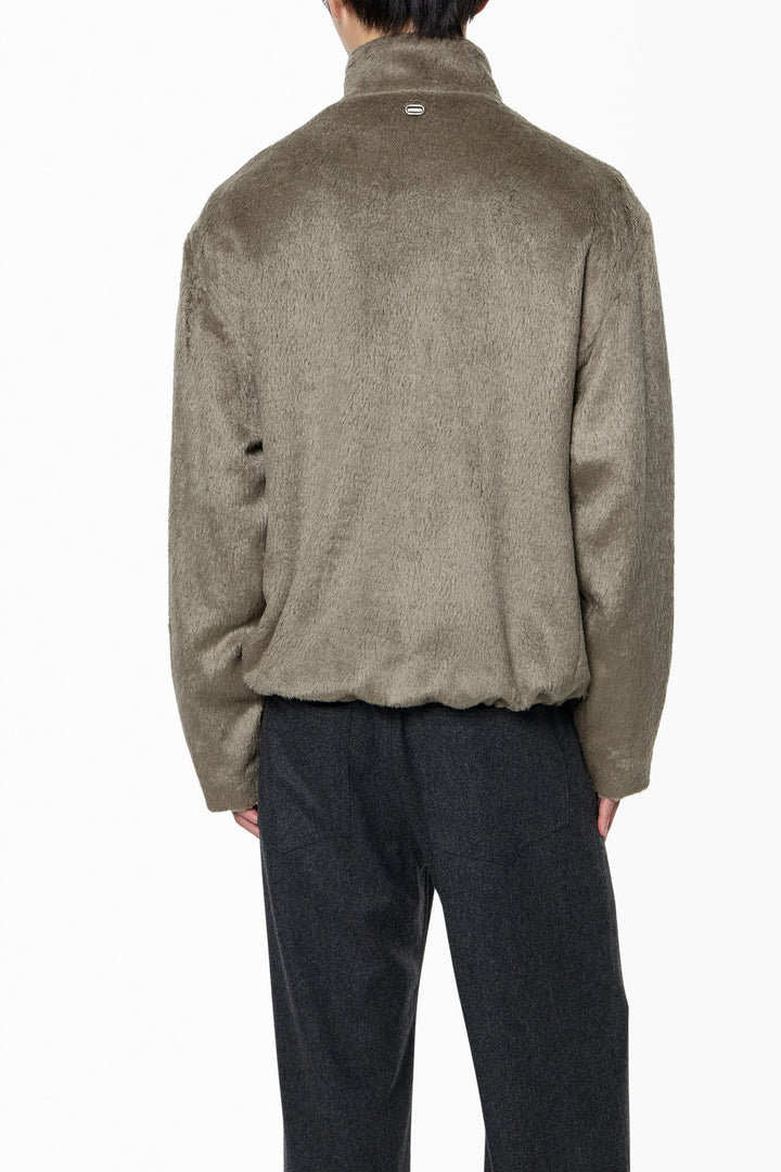 Brown Hairy High-Neck Zip-Up Jacket