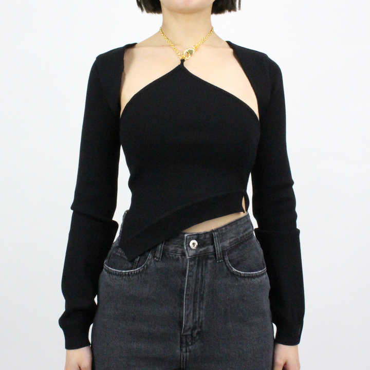 Rokh - CHAIN HALTER NECK KNIT TOP WITH SLEEVE