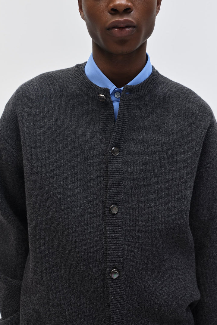 Gray Round Neck Wool Cardigan
