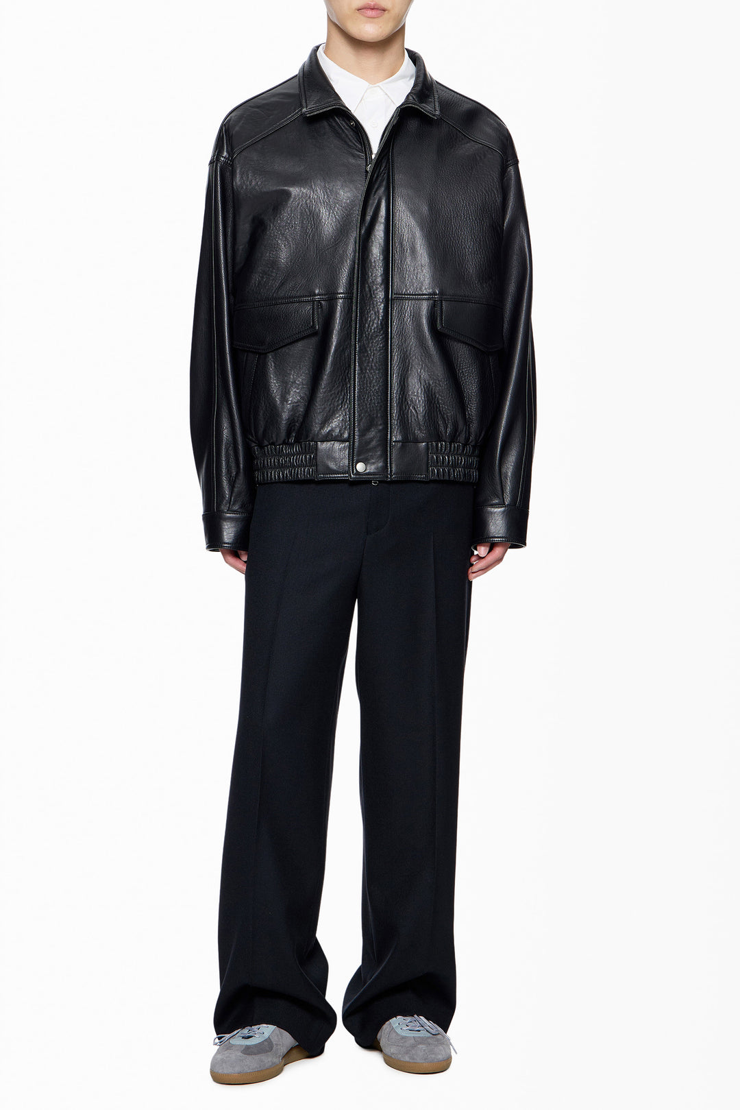 Black Band-Neck Leather Jacket