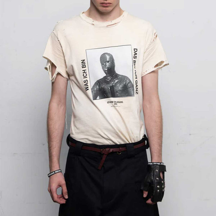 HYACYN - Eet T-Shirt Off-White Cotton Stains ‘Distressed Was Ich Bin’