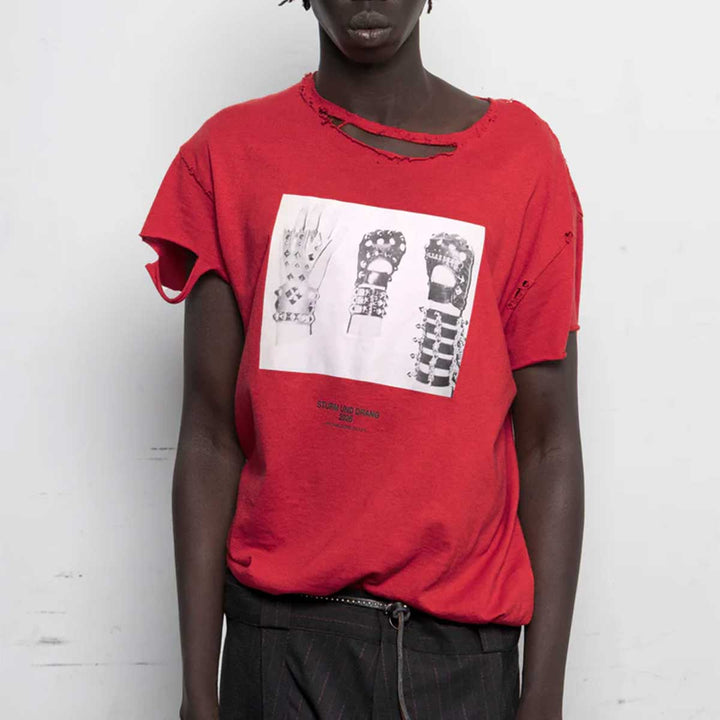 HYACYN - Eet T-Shirt Red Cotton Distressed Gloves