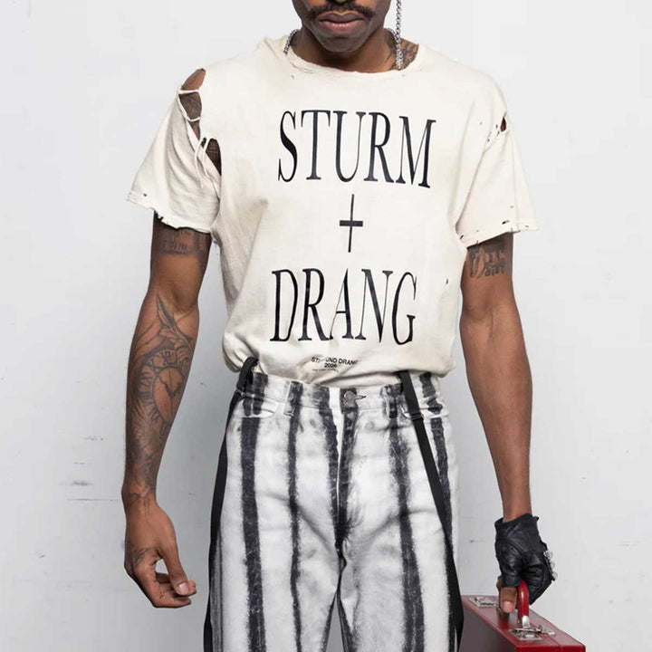 HYACYN - Eet T-Shirt Off-White Cotton Stains Distressed ‘Sturm und Drang’