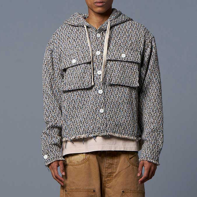 HERRINGBONE CROPPED HOODY – NAVY