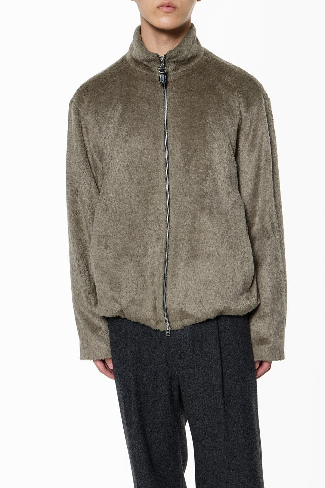 Brown Hairy High-Neck Zip-Up Jacket