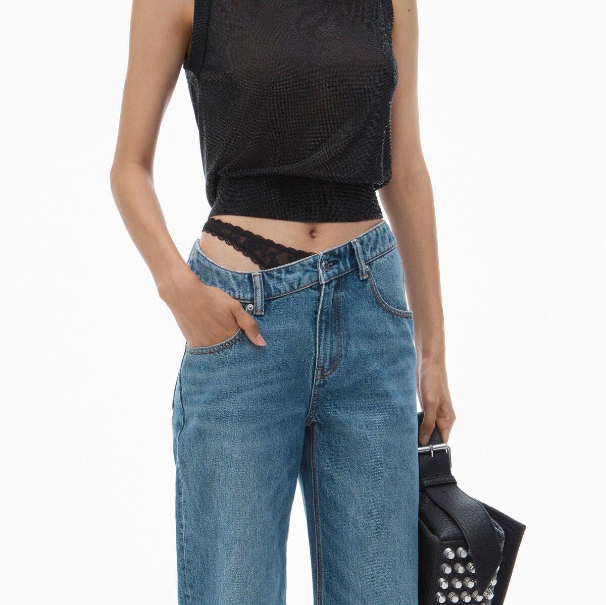 Pre-styled denim jeans with asymmetrical lace waistband