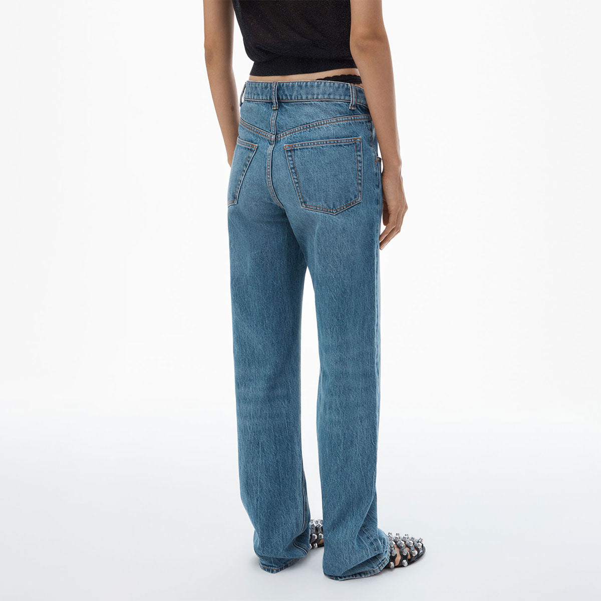 Pre-styled denim jeans with asymmetrical lace waistband