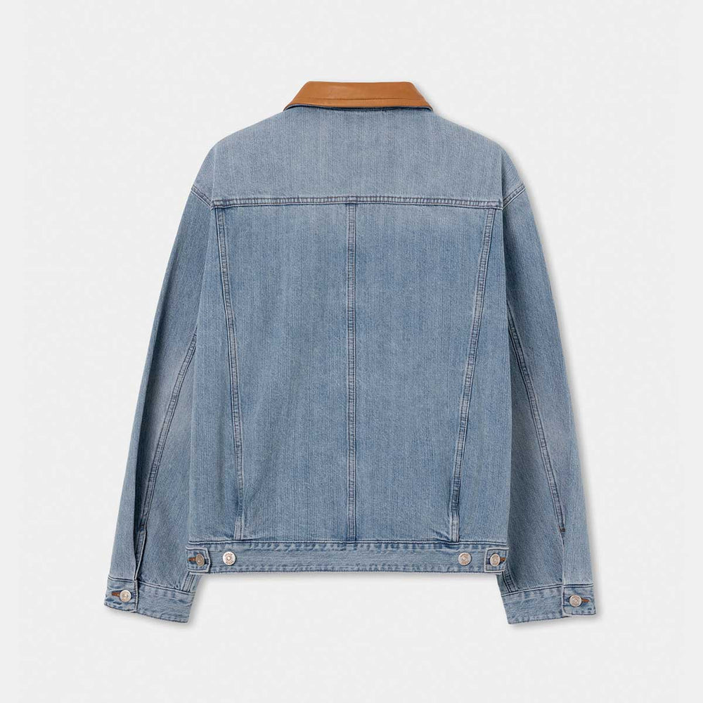 SOLID HOMME - Leather Collared Denim Trucker Jacket