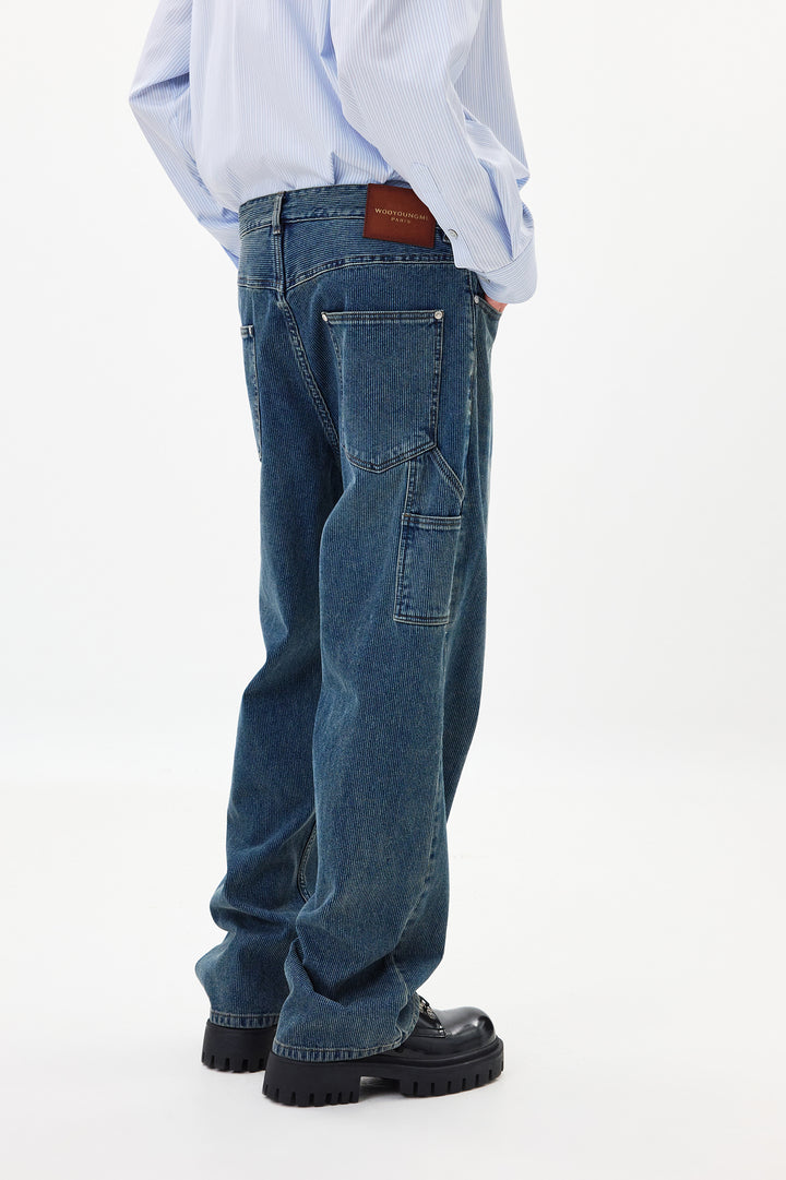 Blue Straight Ribbed Denim Pants
