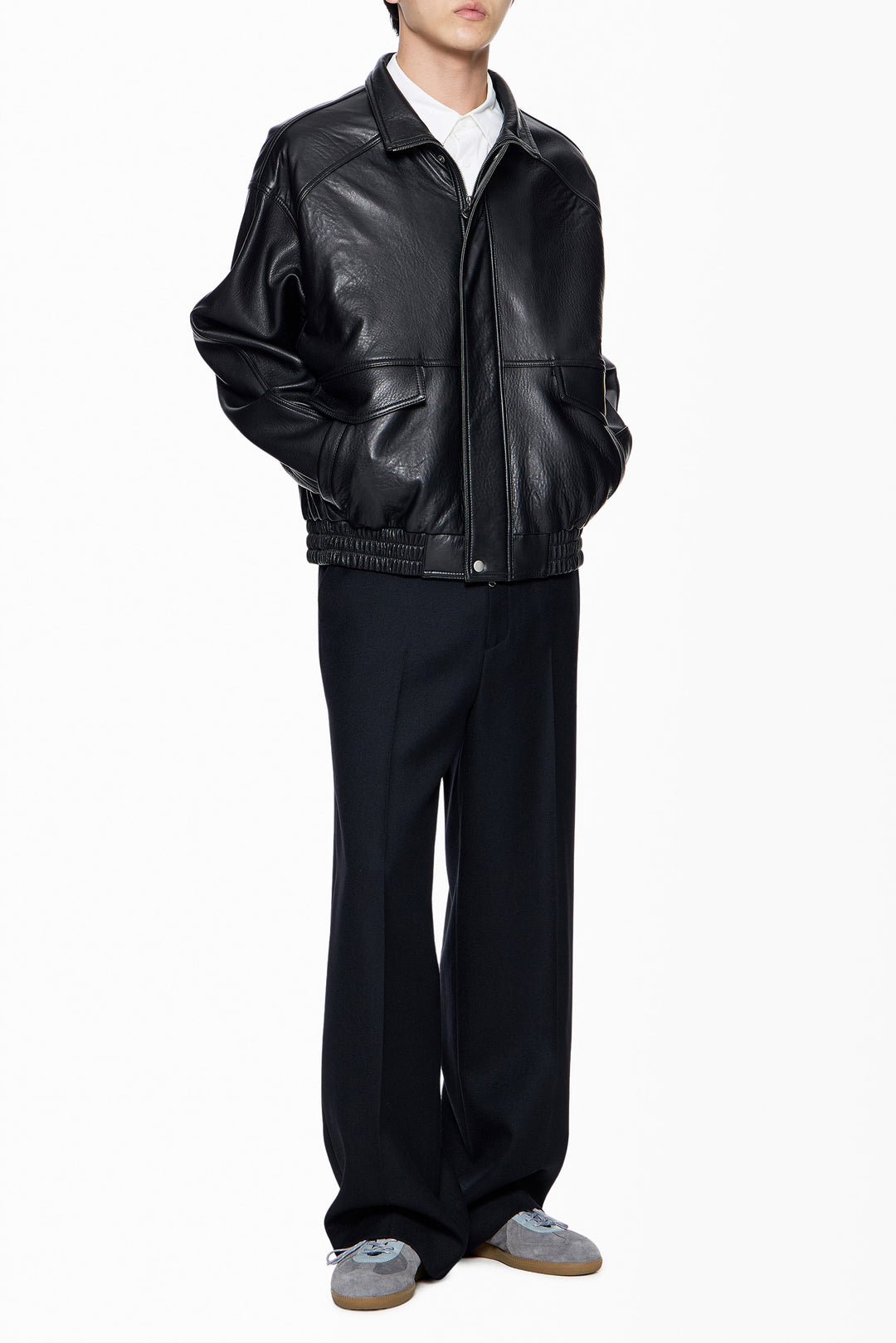 Black Band-Neck Leather Jacket